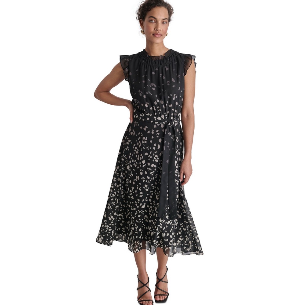 DKNY Women’s Printed Belted Ruffled Midi Dress 6